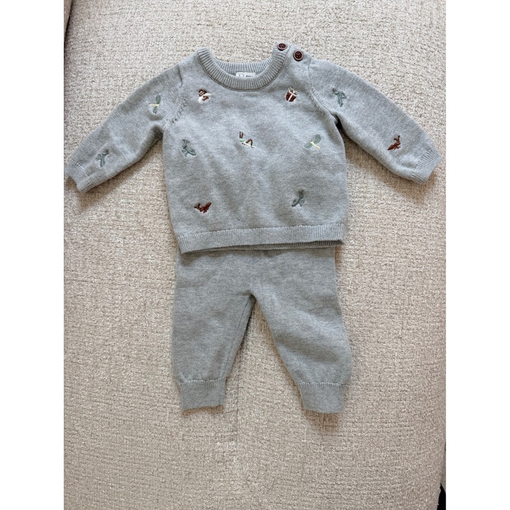 Janie and Jack Baby Gray Knit Sweater and Pants Set Embroidered Insects 0-3M